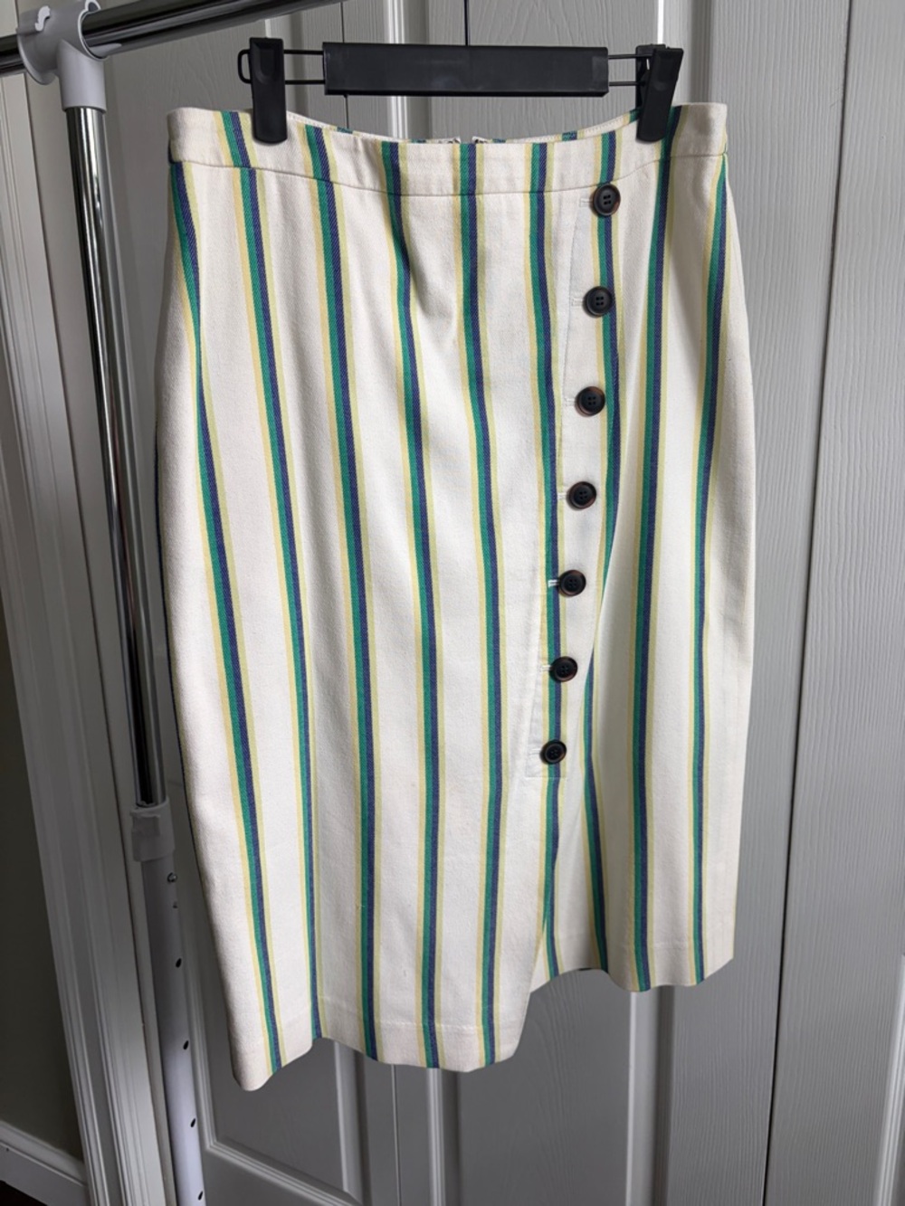 Halogen Cream Midi Skirt with Green, Blue & Yellow Stripes
